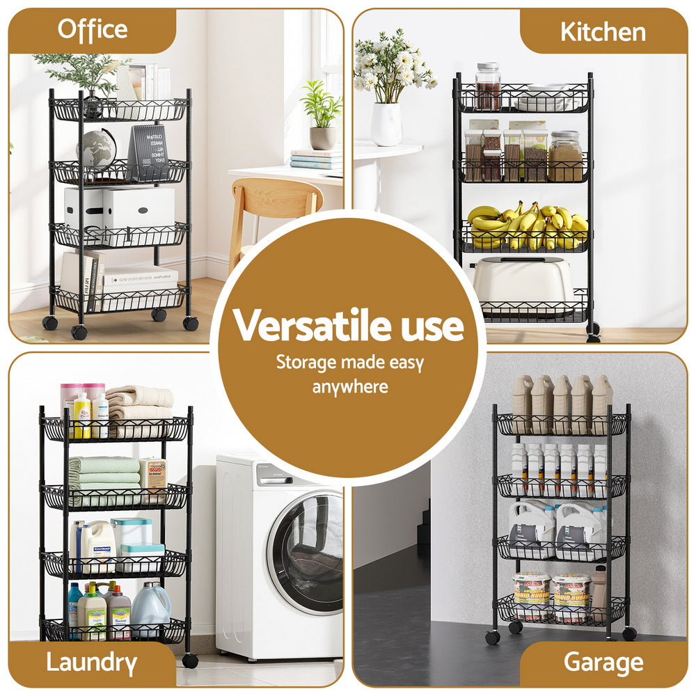 Artiss 4-Tier Shelving Unit Adjustable Garage Storage Kitchen Rack With Wheels SU-45X90-ROLL-BK