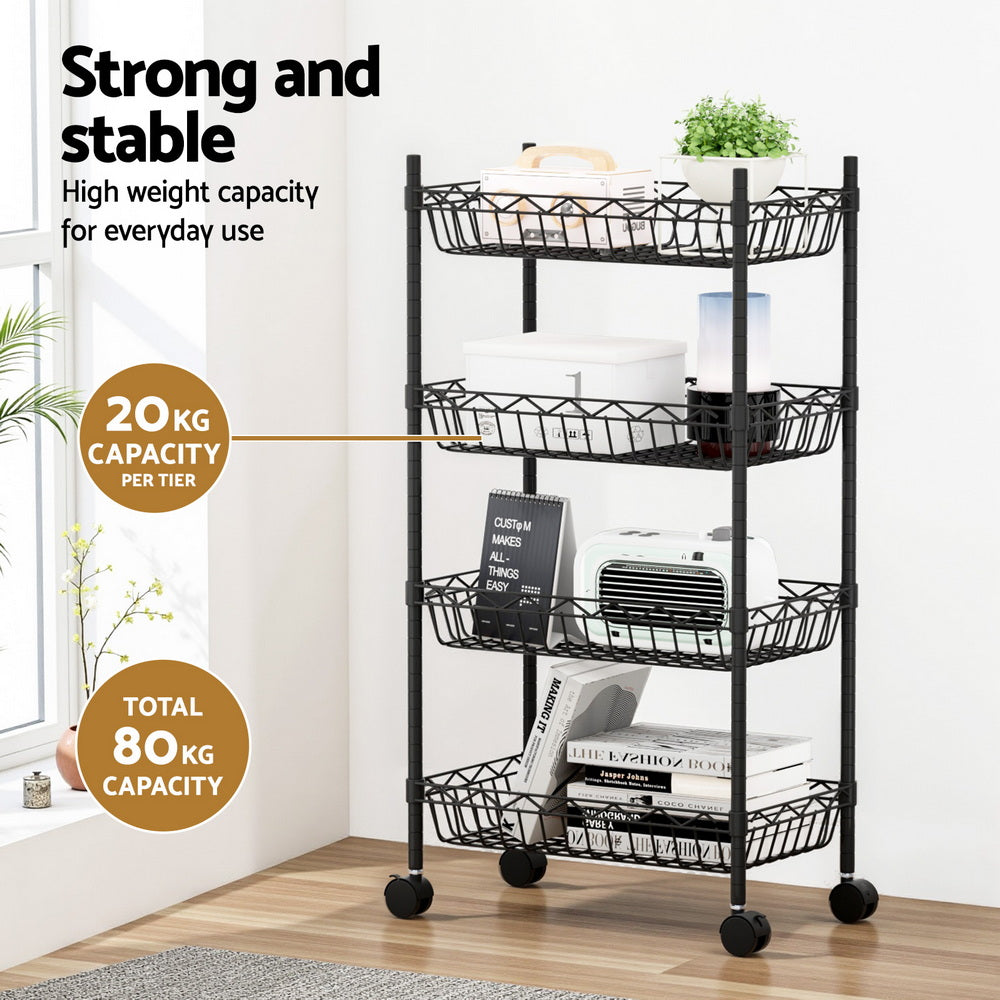 Artiss 4-Tier Shelving Unit Adjustable Garage Storage Kitchen Rack With Wheels SU-45X90-ROLL-BK