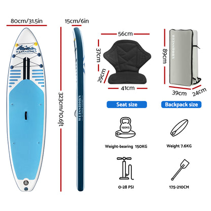 Weisshorn Stand Up Paddle Board 10.6ft Inflatable SUP Surfboard Paddleboard Kayak Surf Blue SUP-D-106FT-80-15-BU
