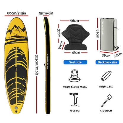 Weisshorn Stand Up Paddle Board 10.6ft Inflatable SUP Surfboard Paddleboard Kayak Surf Yellow SUP-D-106FT-80-15-YE