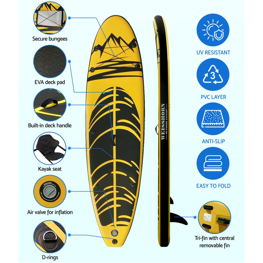 Weisshorn Stand Up Paddle Board 10.6ft Inflatable SUP Surfboard Paddleboard Kayak Surf Yellow SUP-D-106FT-80-15-YE