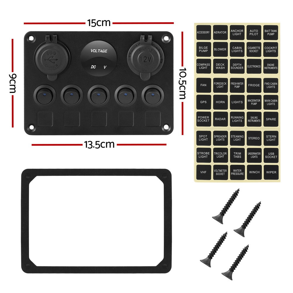 Giantz 5 Gang 12V Switch Panel For Car Boat Marine USB ON-OFF LED Rocker Toggle SWITCH-A-5-LED-BK