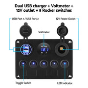 Giantz 5 Gang 12V Switch Panel For Car Boat Marine USB ON-OFF LED Rocker Toggle SWITCH-A-5-LED-BK