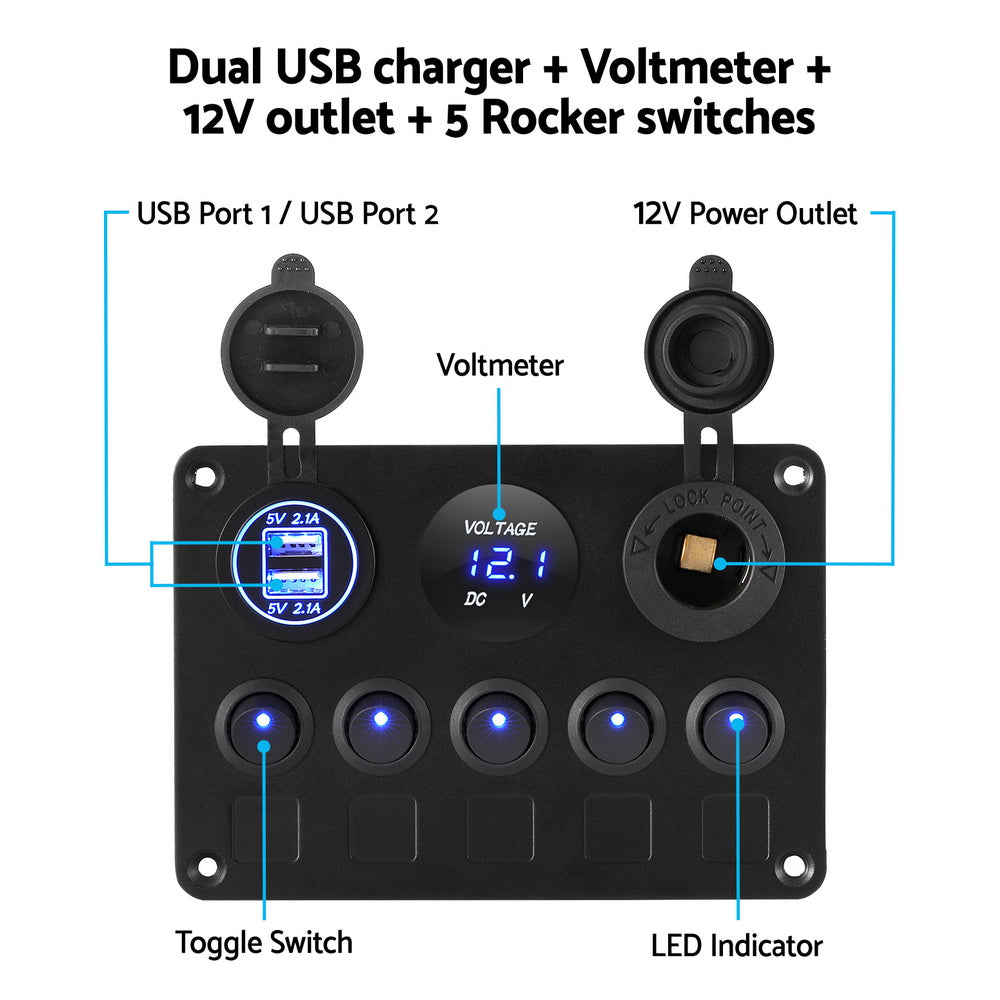Giantz 5 Gang 12V Switch Panel For Car Boat Marine USB ON-OFF LED Rocker Toggle SWITCH-A-5-LED-BK