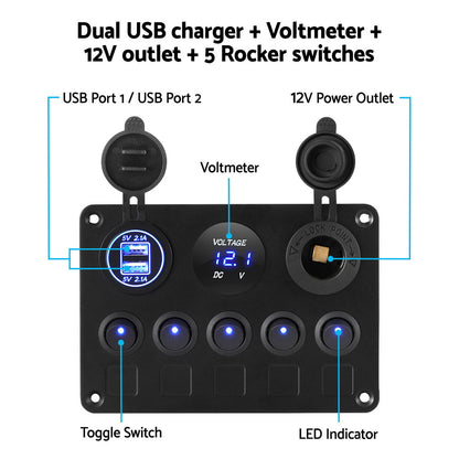 Giantz 5 Gang 12V Switch Panel For Car Boat Marine USB ON-OFF LED Rocker Toggle SWITCH-A-5-LED-BK