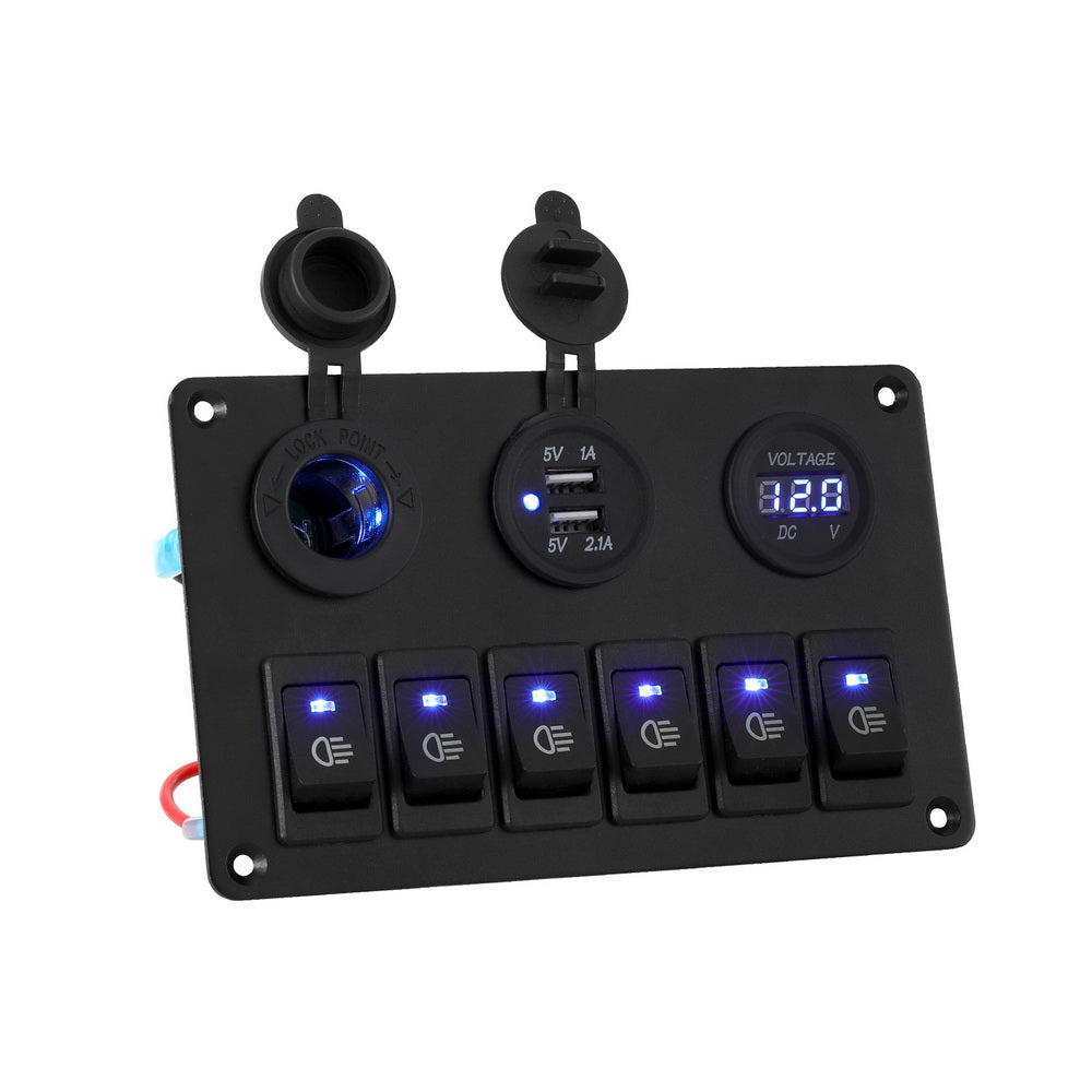 Giantz 6 Gang 12V Switch Panel For Car Boat Marine USB ON-OFF LED Rocker Toggle SWITCH-A-6-LED-BK