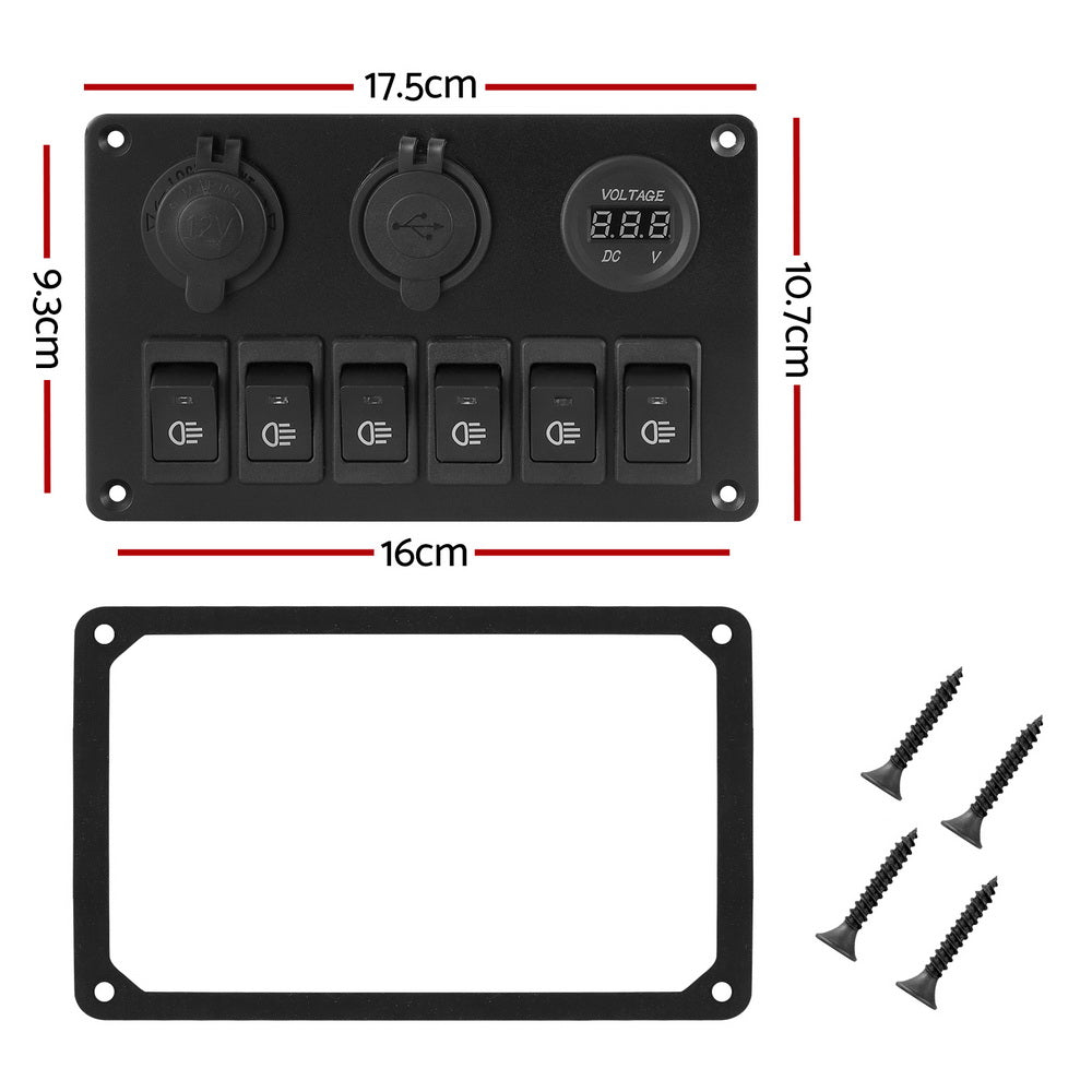 Giantz 6 Gang 12V Switch Panel For Car Boat Marine USB ON-OFF LED Rocker Toggle SWITCH-A-6-LED-BK