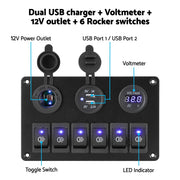 Giantz 6 Gang 12V Switch Panel For Car Boat Marine USB ON-OFF LED Rocker Toggle SWITCH-A-6-LED-BK