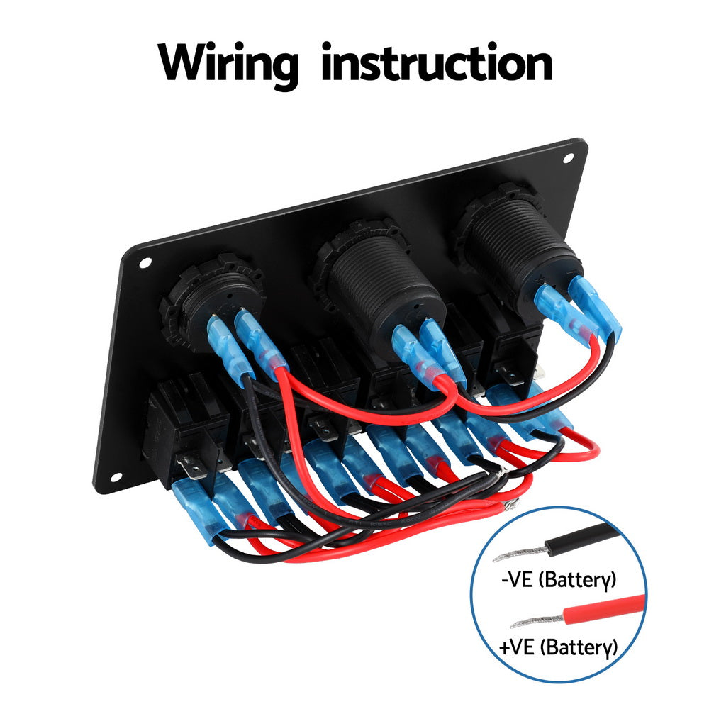 Giantz 6 Gang 12V Switch Panel For Car Boat Marine USB ON-OFF LED Rocker Toggle SWITCH-A-6-LED-BK