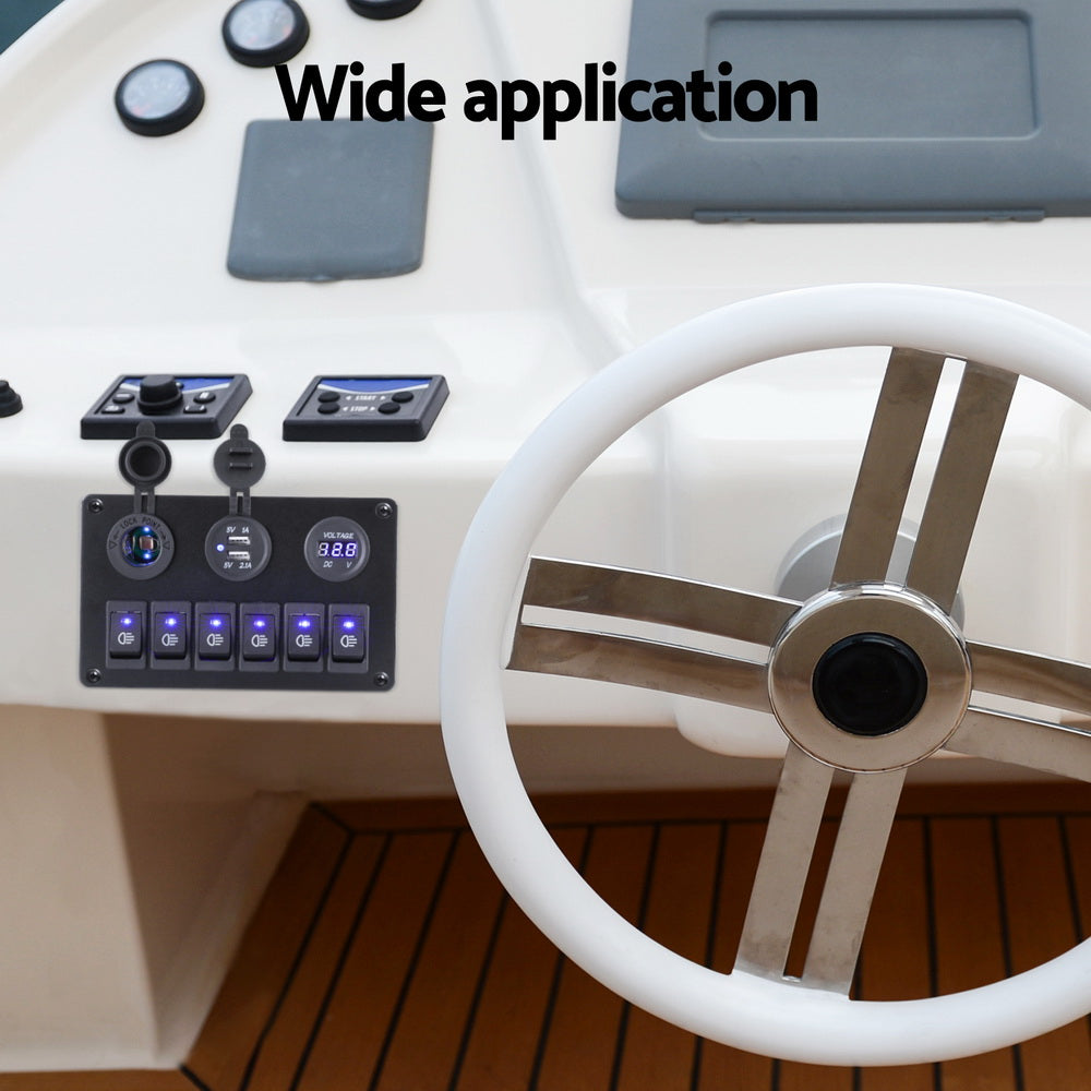 Giantz 6 Gang 12V Switch Panel For Car Boat Marine USB ON-OFF LED Rocker Toggle SWITCH-A-6-LED-BK