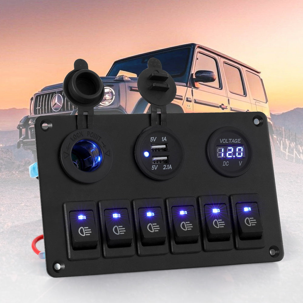 Giantz 6 Gang 12V Switch Panel For Car Boat Marine USB ON-OFF LED Rocker Toggle SWITCH-A-6-LED-BK