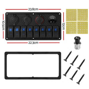Giantz 8 Gang 12V Switch Panel For Car Boat Marine USB ON-OFF LED Rocker Toggle SWITCH-A-8-LED-BK