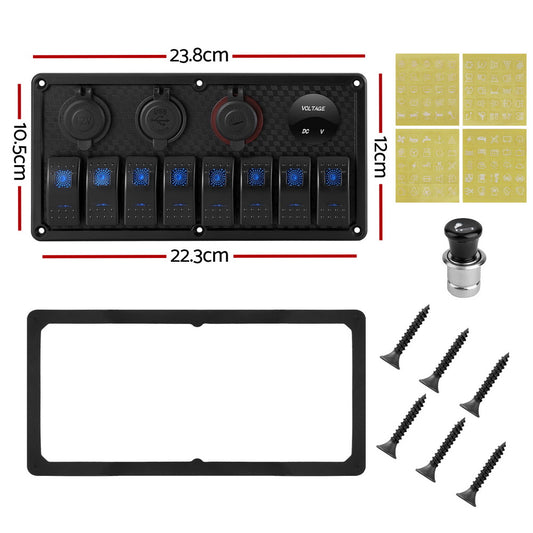 Giantz 8 Gang 12V Switch Panel For Car Boat Marine USB ON-OFF LED Rocker Toggle SWITCH-A-8-LED-BK