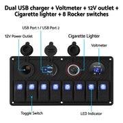 Giantz 8 Gang 12V Switch Panel For Car Boat Marine USB ON-OFF LED Rocker Toggle SWITCH-A-8-LED-BK