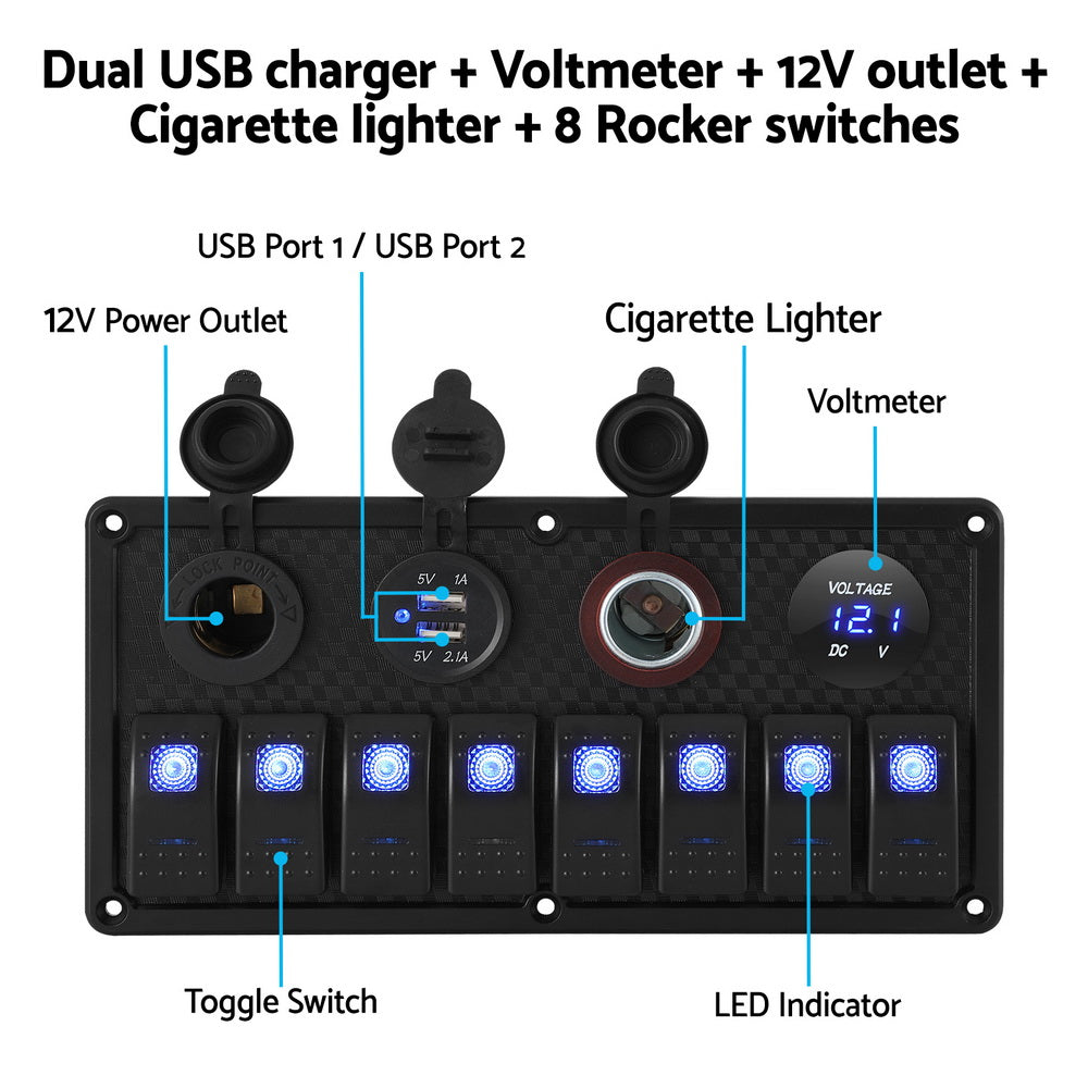 Giantz 8 Gang 12V Switch Panel For Car Boat Marine USB ON-OFF LED Rocker Toggle SWITCH-A-8-LED-BK