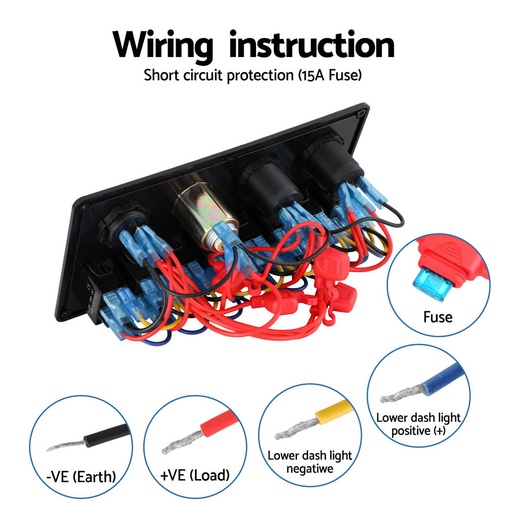 Giantz 8 Gang 12V Switch Panel For Car Boat Marine USB ON-OFF LED Rocker Toggle SWITCH-A-8-LED-BK