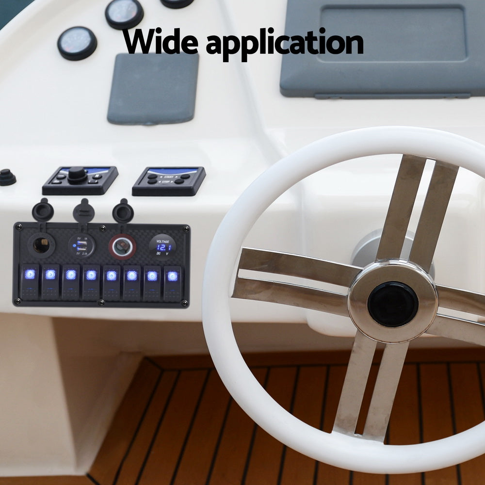 Giantz 8 Gang 12V Switch Panel For Car Boat Marine USB ON-OFF LED Rocker Toggle SWITCH-A-8-LED-BK
