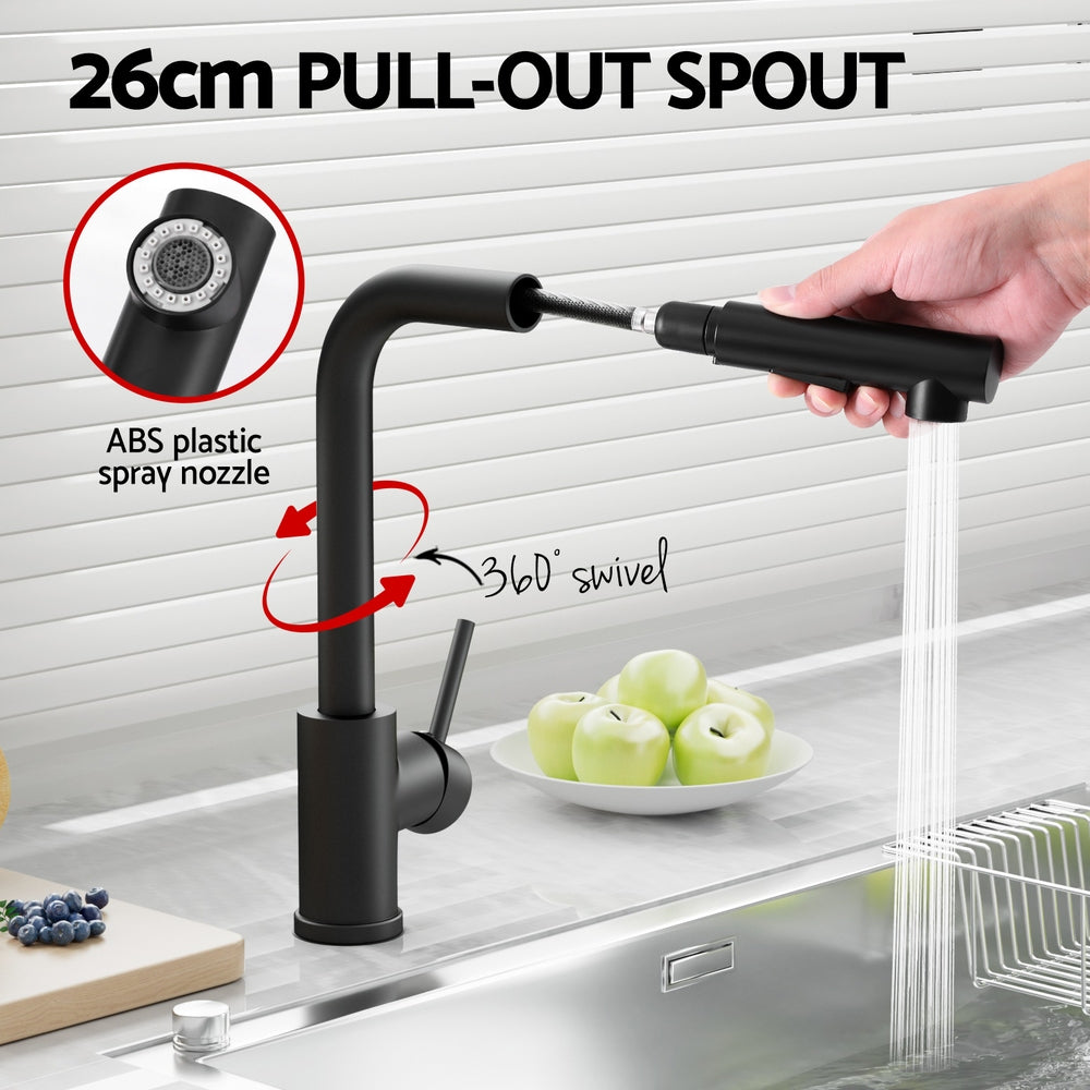 Cefito Kitchen Mixer Tap Pull Out Rectangle 2 Mode Sink Basin Faucet Swivel WELS Black TAP-A-82H48-BK
