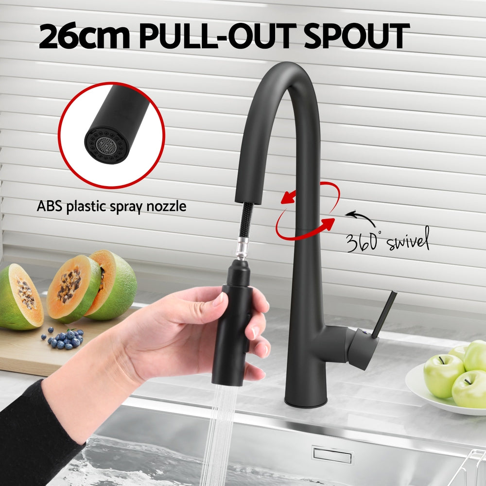 Cefito Kitchen Mixer Tap Pull Out Round 2 Mode Sink Basin Faucet Swivel WELS Black TAP-A-82H52-BK