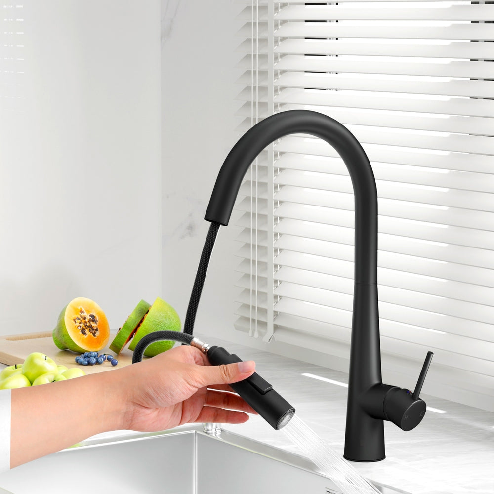Cefito Kitchen Mixer Tap Pull Out Round 2 Mode Sink Basin Faucet Swivel WELS Black TAP-A-82H52-BK