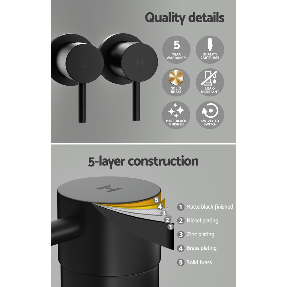 Cefito Basin Twin Tap Wall Round Brass Faucet Shower Bathtub Black TAP-A-TAPS-RO-BK