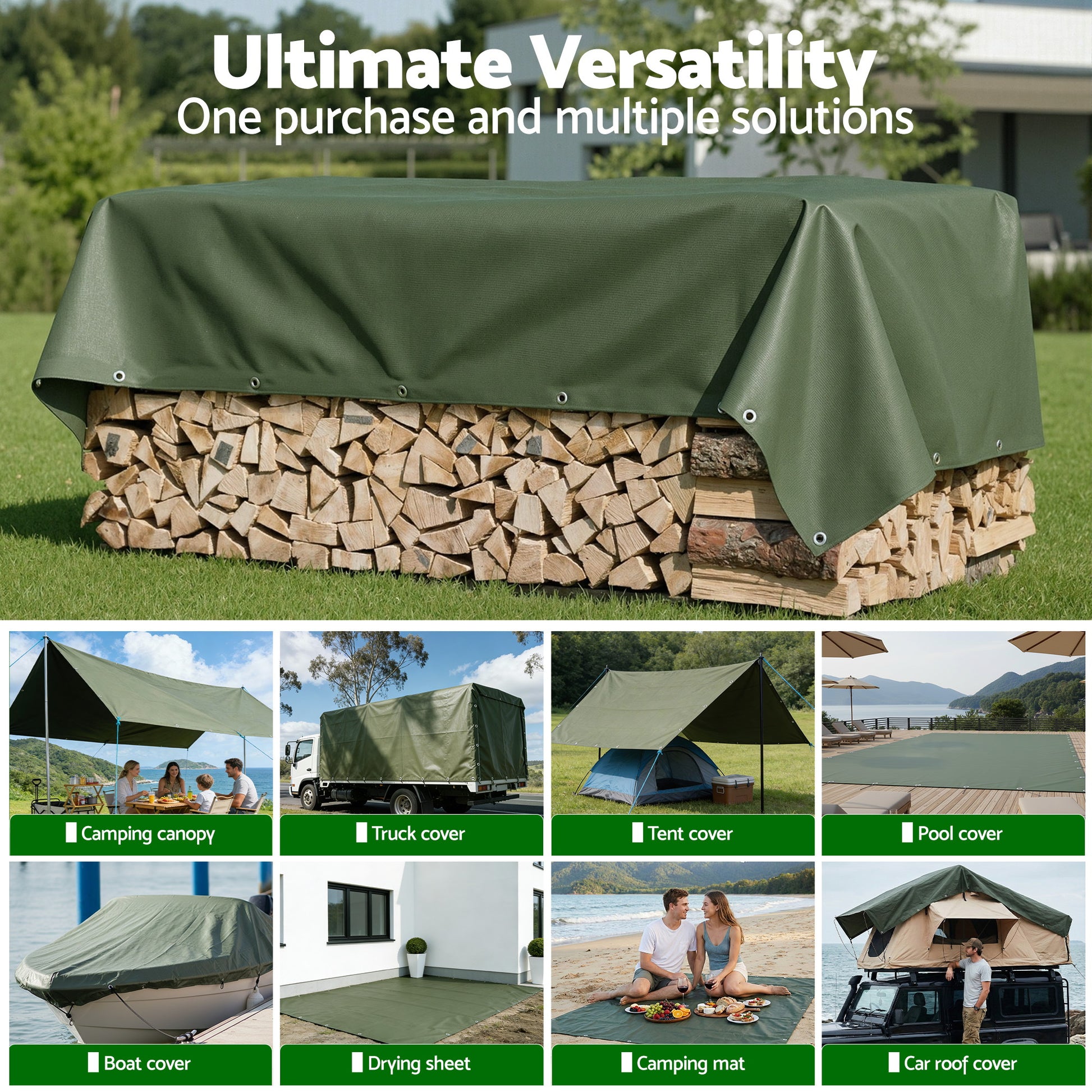 Instahut 2x3m Tarp Tarpaulin 600GSM Camping Canvas Heavy Duty Water Resistant TARP-GR-2X3