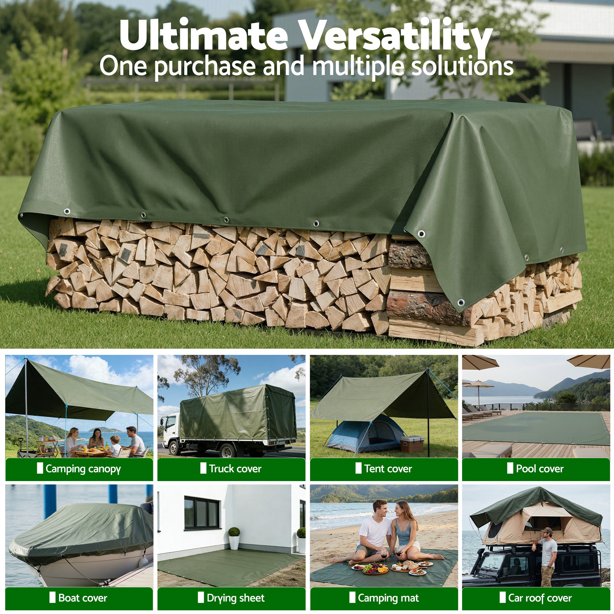 Instahut 3x4m Tarp Tarpaulin 600GSM Camping Canvas Heavy Duty Water Resistant TARP-GR-3X4