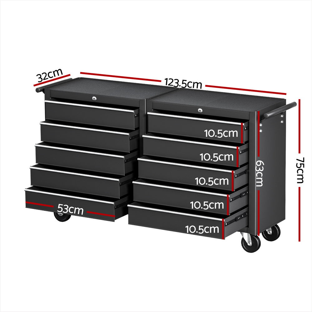 Giantz Tool Chest Trolley 10 Drawers Toolbox Storage Black TB-10DR-ROLL-BK-AB