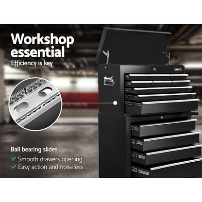 Giantz 14 Drawer Tool Box Cabinet Chest Mechanic Garage Storage Trolley Black TB-14DR-CH-RO-BK
