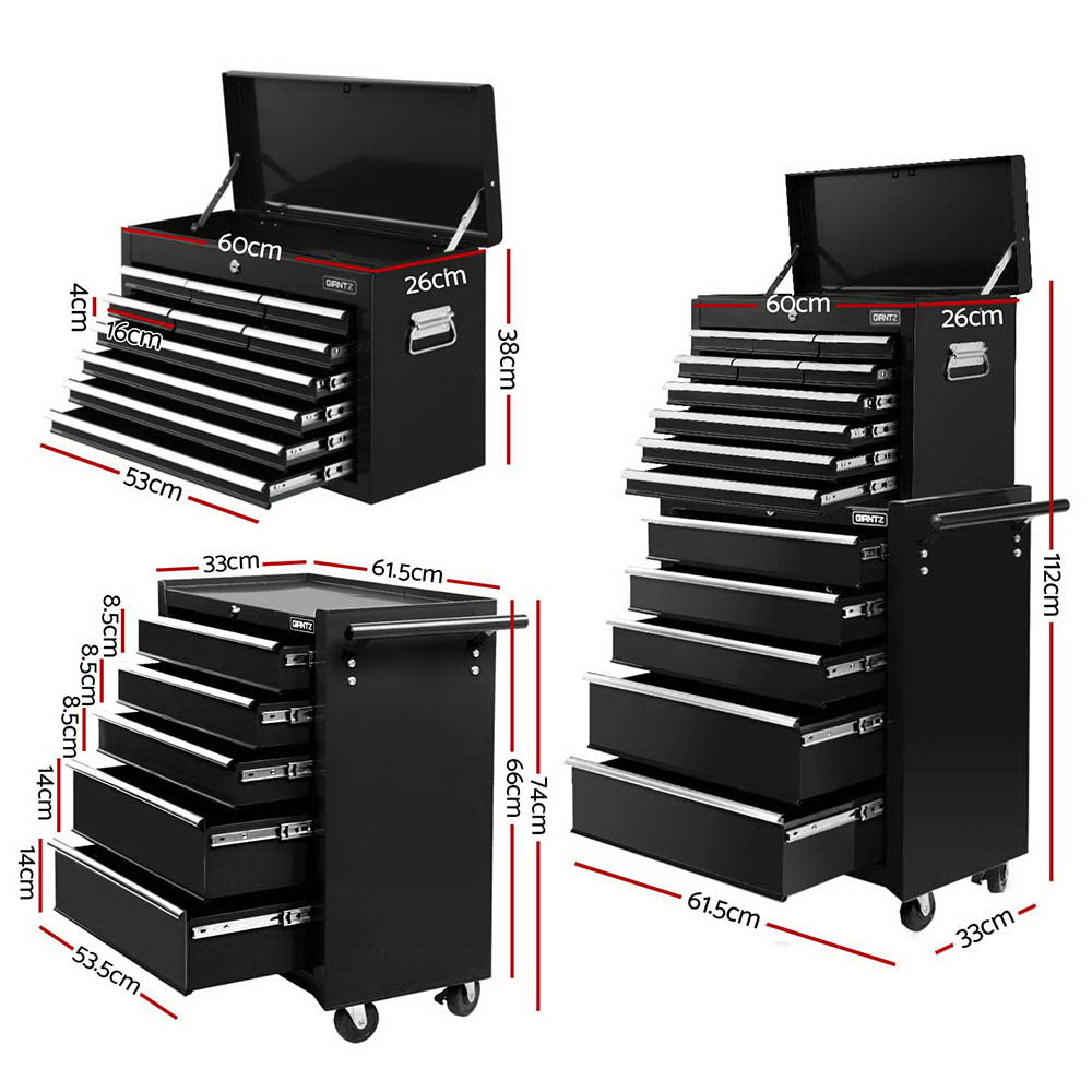 Giantz 15 Drawers Tool Chest Trolley Toolbox 2-in-1 Storage Black TB-15DR-105-BK