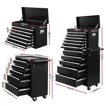 Giantz 15 Drawers Tool Chest Trolley Toolbox 2-in-1 Storage Black TB-15DR-105-BK