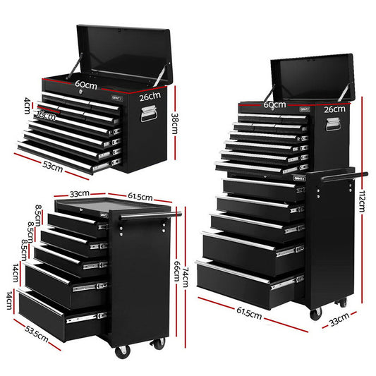 Giantz 15 Drawers Tool Chest Trolley Toolbox 2-in-1 Storage Black TB-15DR-105-BK