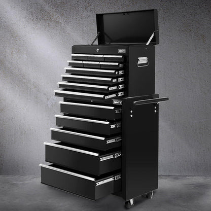 Giantz 15 Drawers Tool Chest Trolley Toolbox 2-in-1 Storage Black TB-15DR-105-BK