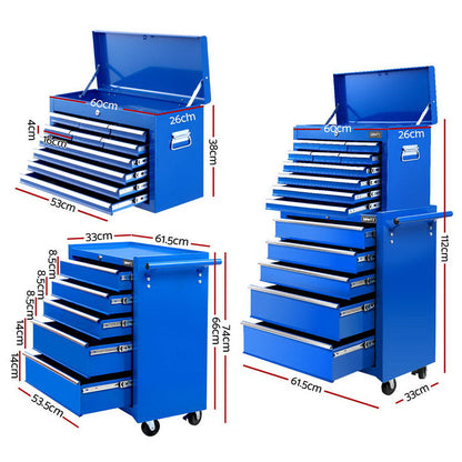 Giantz 15 Drawers Tool Chest Trolley Toolbox 2-in-1 Storage Blue TB-15DR-105-BL