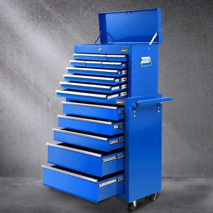 Giantz 15 Drawers Tool Chest Trolley Toolbox 2-in-1 Storage Blue TB-15DR-105-BL
