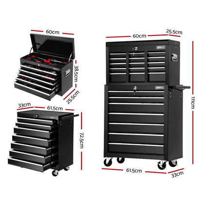 Giantz 16 Drawer Tool Box Cabinet Chest Trolley Toolbox Garage Storage Black TB-16DR-BK