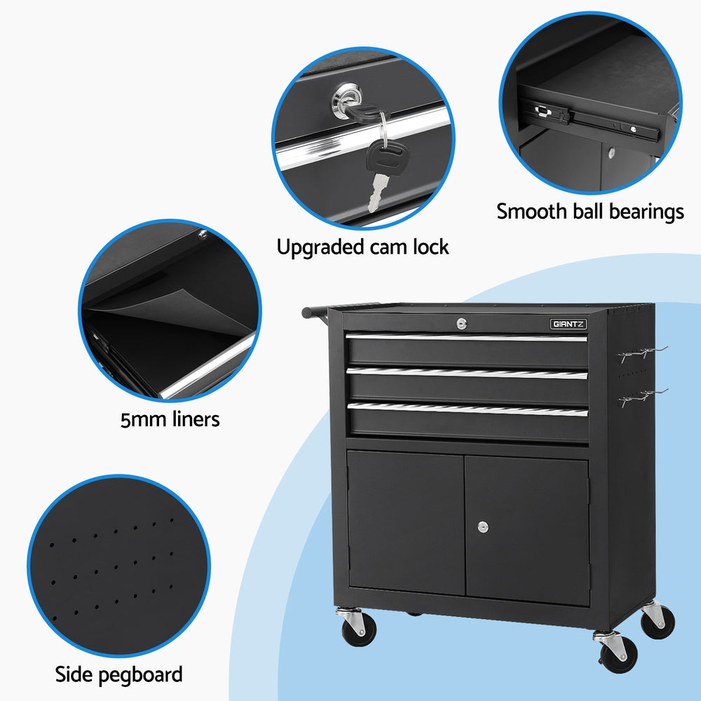 Giantz 3 Drawer Tool Box Chest Cabinet Toolbox Storage Garage Organiser Wheels TB-3DR-DOOR-BK