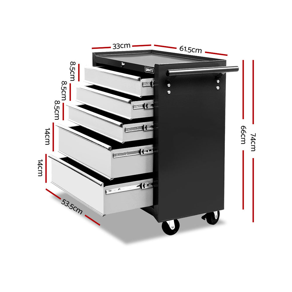 Giantz 5 Drawer Tool Box Cabinet Chest Trolley Box Garage Storage Toolbox Grey TB-5DR-ROLL-BKGY