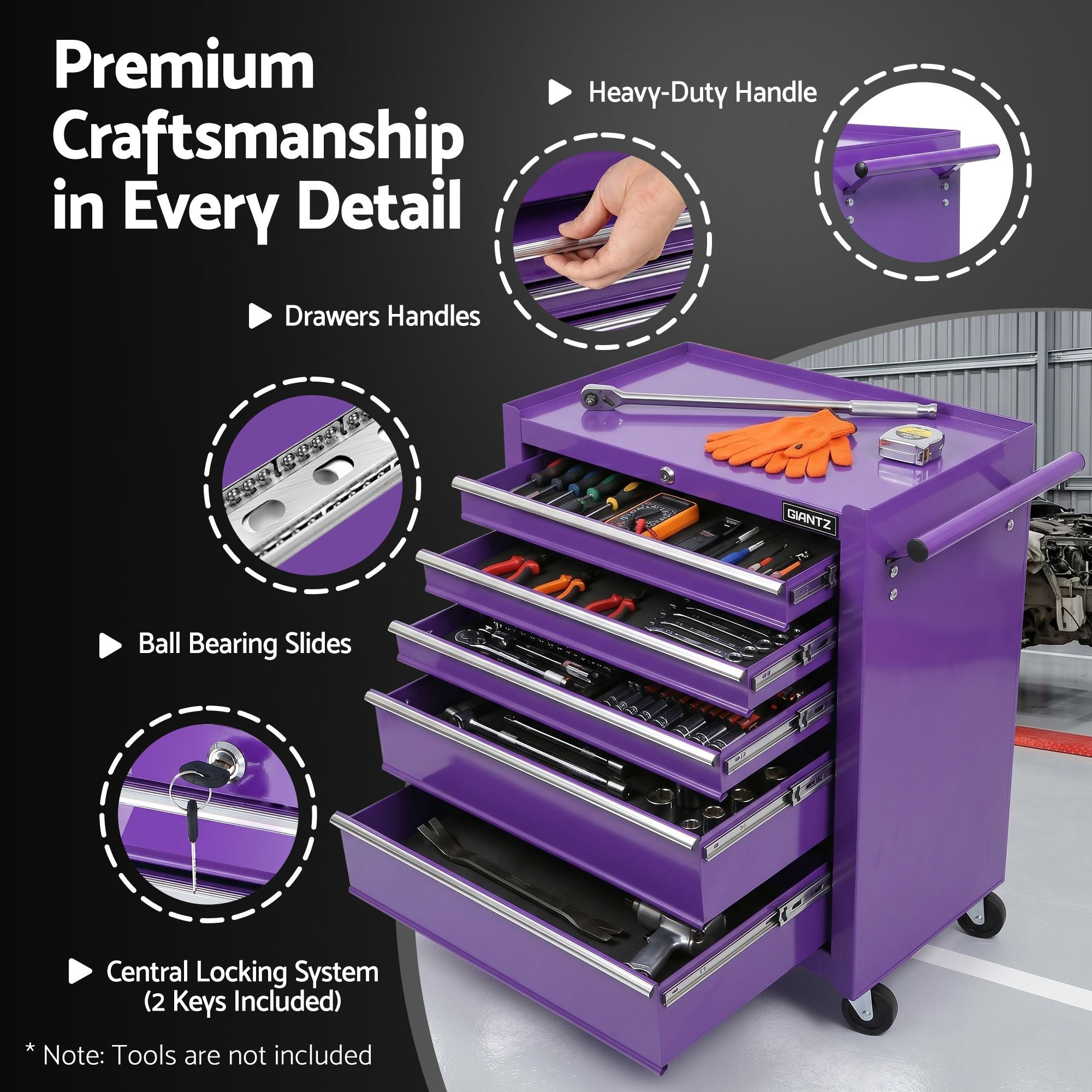 Giantz 5 Drawer Tool Chest Trolley Cabinet Toolbox Heavy Duty Garage Storage Organiser Purple TB-5DR-ROLL-PUR