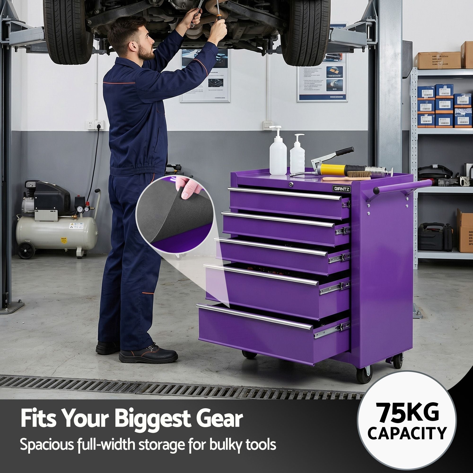 Giantz 5 Drawer Tool Chest Trolley Cabinet Toolbox Heavy Duty Garage Storage Organiser Purple TB-5DR-ROLL-PUR