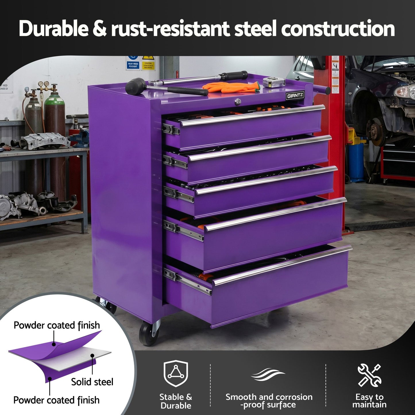 Giantz 5 Drawer Tool Chest Trolley Cabinet Toolbox Heavy Duty Garage Storage Organiser Purple TB-5DR-ROLL-PUR