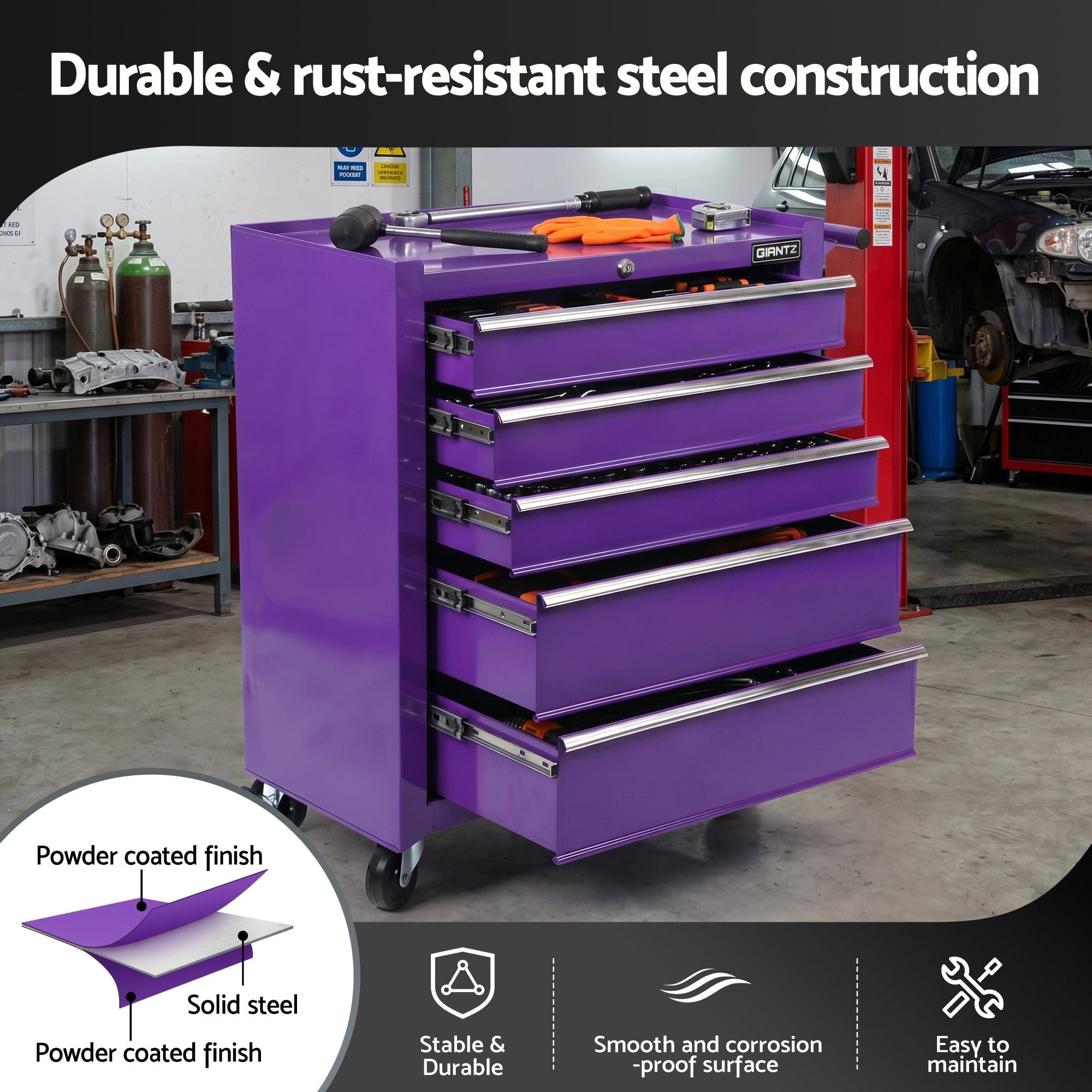 Giantz 5 Drawer Tool Chest Trolley Cabinet Toolbox Heavy Duty Garage Storage Organiser Purple TB-5DR-ROLL-PUR