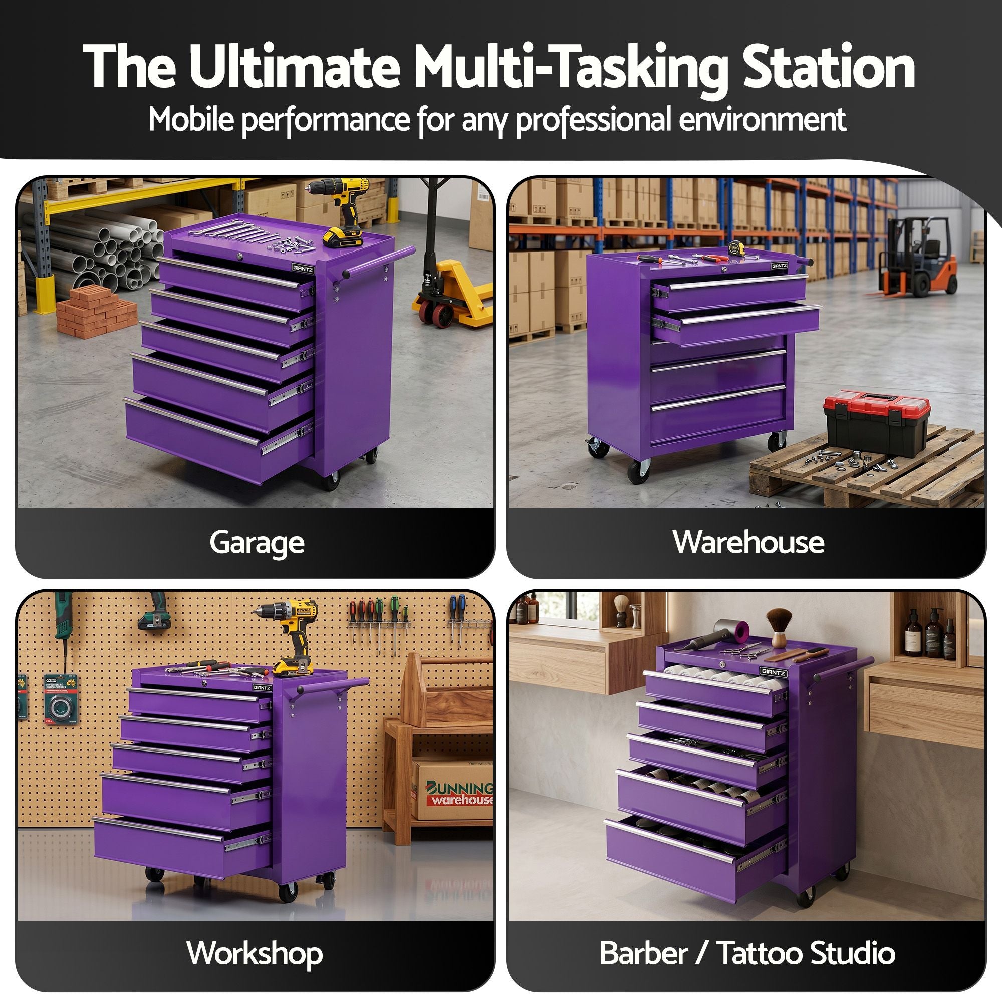 Giantz 5 Drawer Tool Chest Trolley Cabinet Toolbox Heavy Duty Garage Storage Organiser Purple TB-5DR-ROLL-PUR