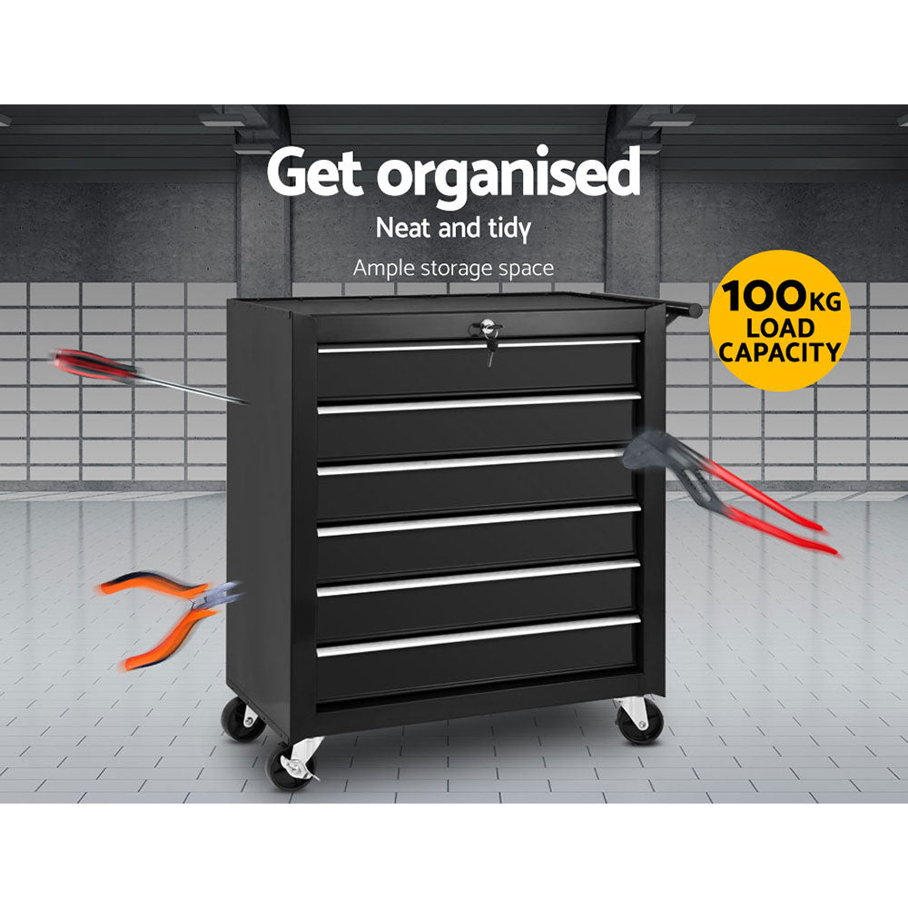 Giantz 6 Drawer Tool Box Cabinet Chest Trolley Cart Garage Toolbox Storage TB-6DR-ROLL-BK