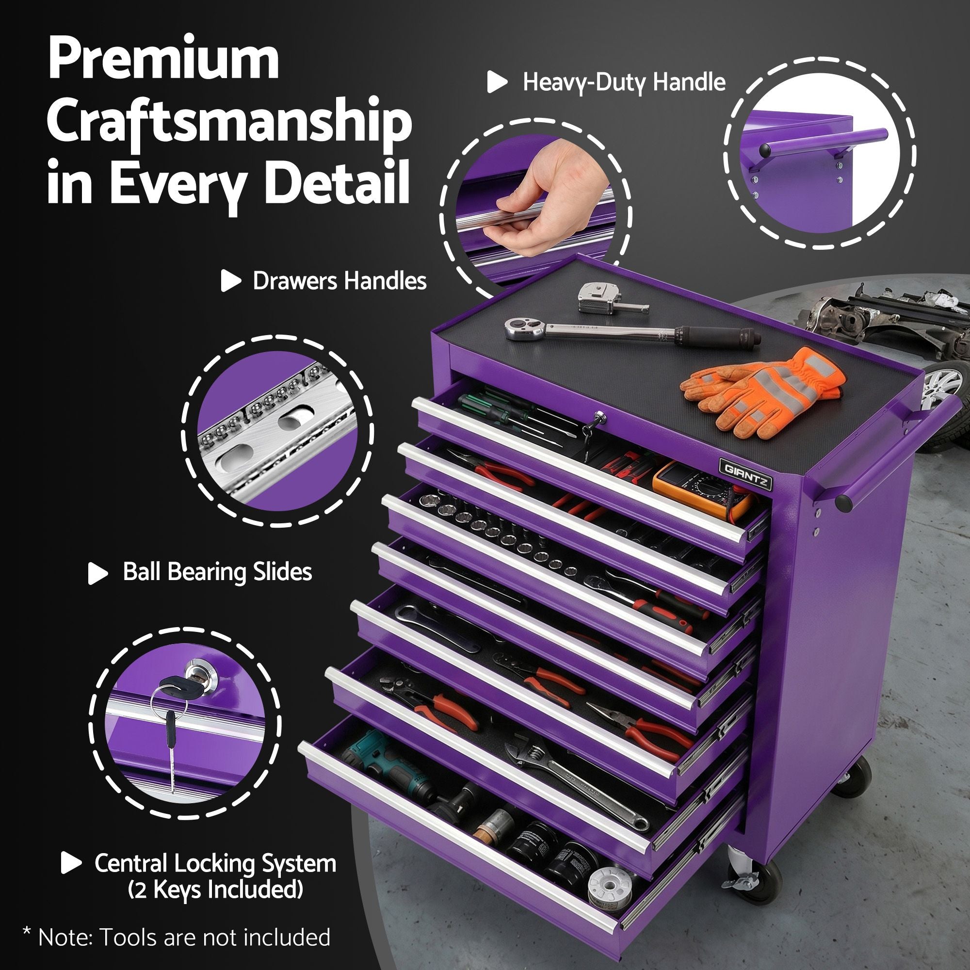 Giantz 7-Drawer Tool Chest Trolley Cabinet Toolbox Heavy Duty Garage Storage Organiser Purple TB-7DR-RL-PUR