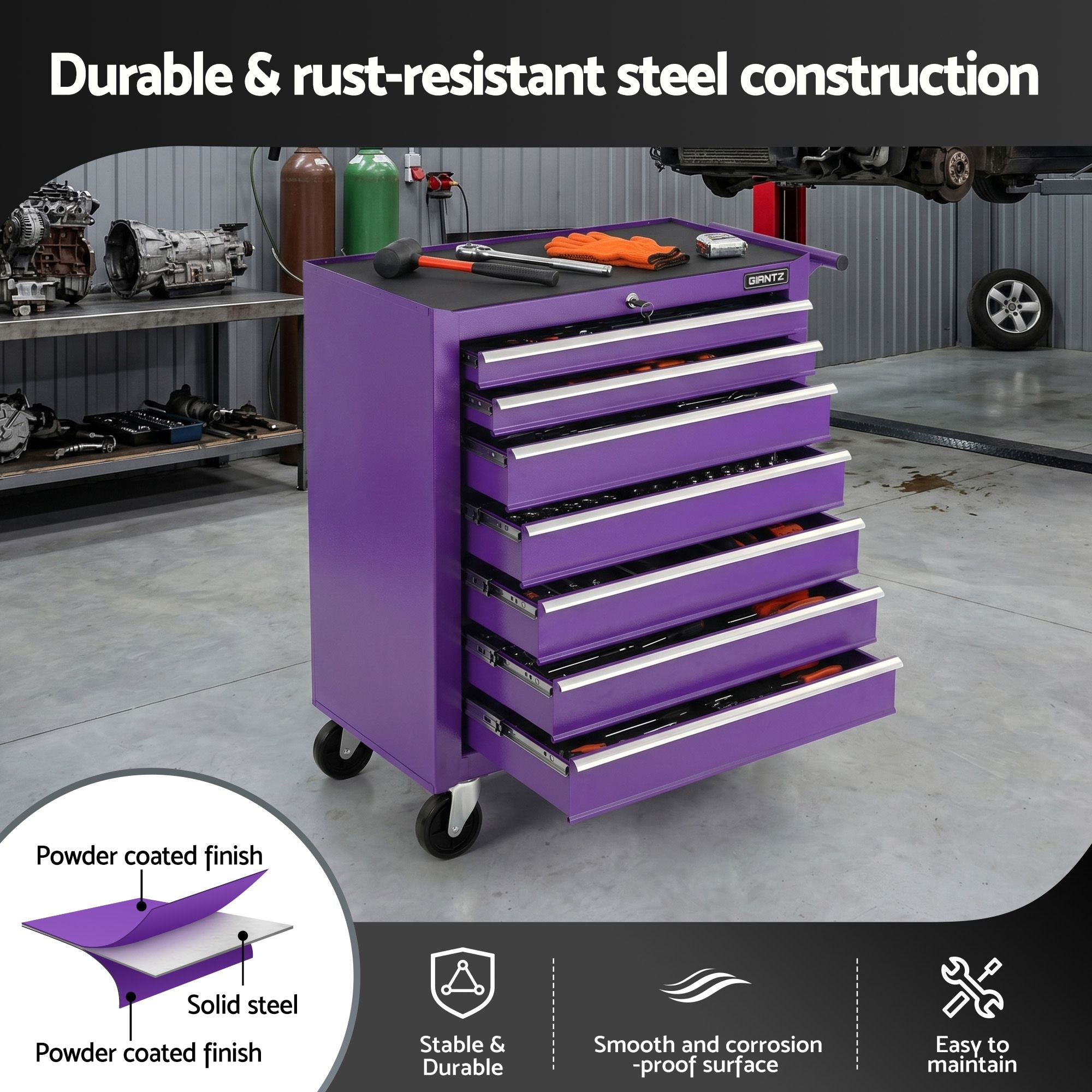 Giantz 7-Drawer Tool Chest Trolley Cabinet Toolbox Heavy Duty Garage Storage Organiser Purple TB-7DR-RL-PUR