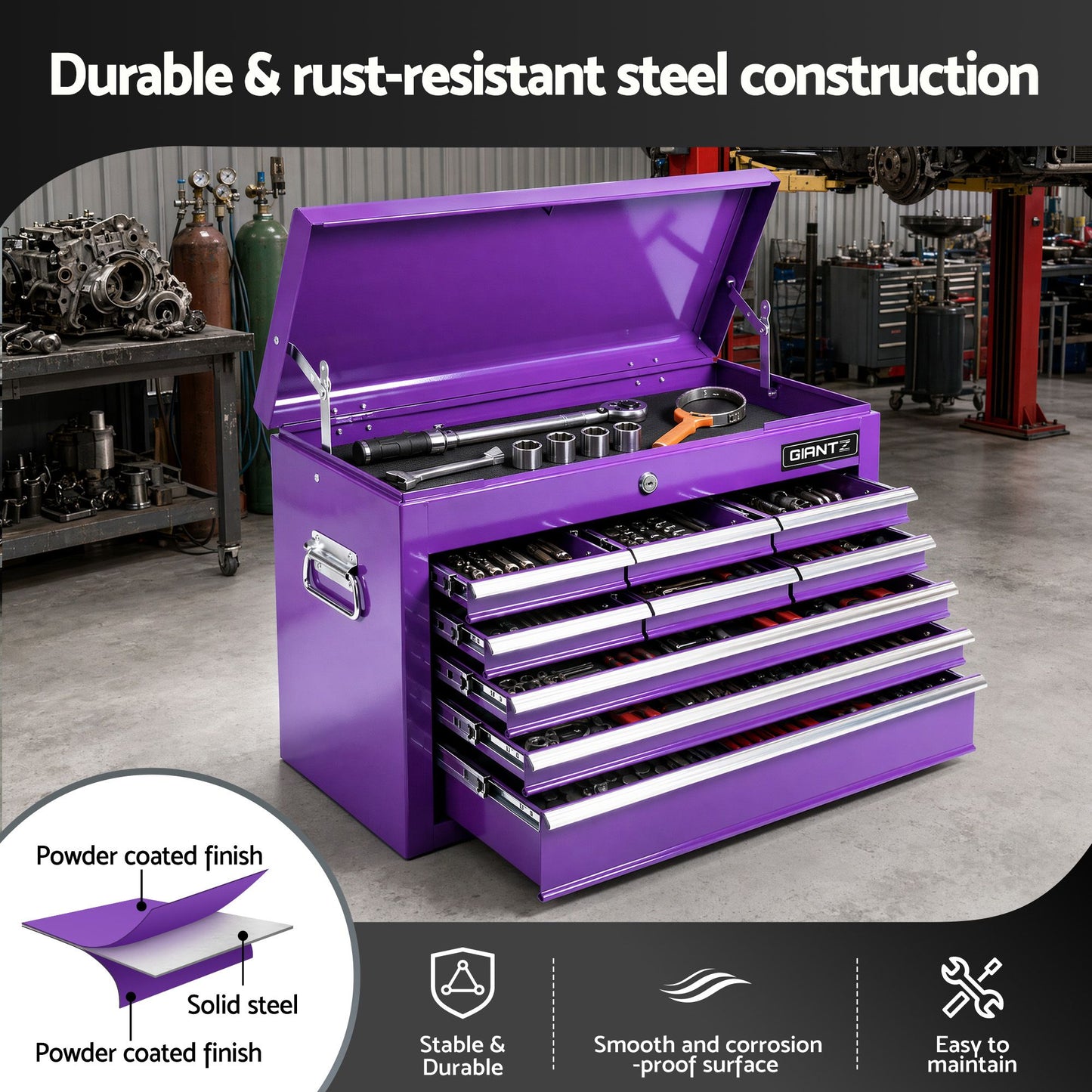 Giantz 9-Drawer Tool Cabinet Chest Toolbox Heavy Duty Garage Storage Organiser Purple TB-9DR-CHEST-PUR