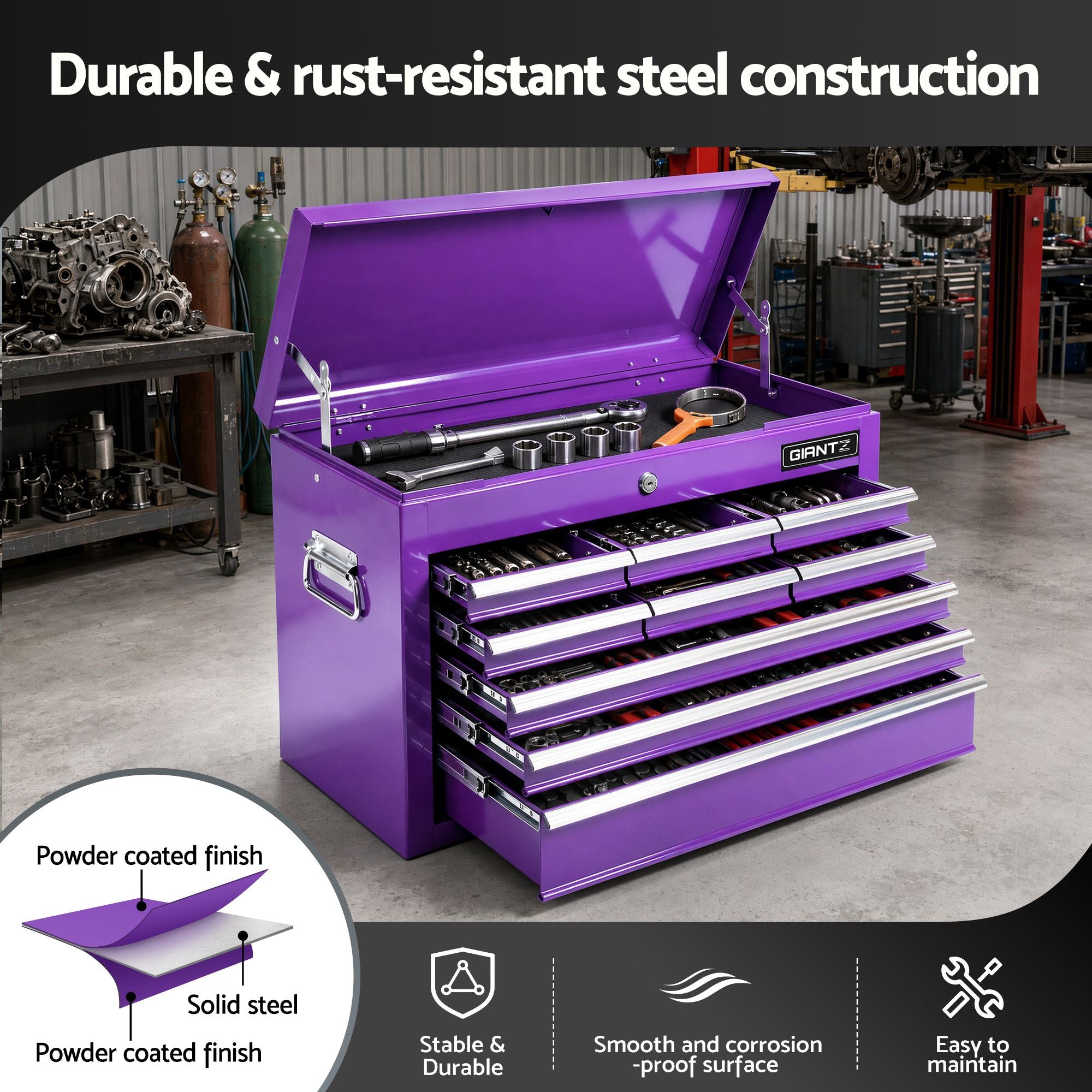 Giantz 9-Drawer Tool Cabinet Chest Toolbox Heavy Duty Garage Storage Organiser Purple TB-9DR-CHEST-PUR