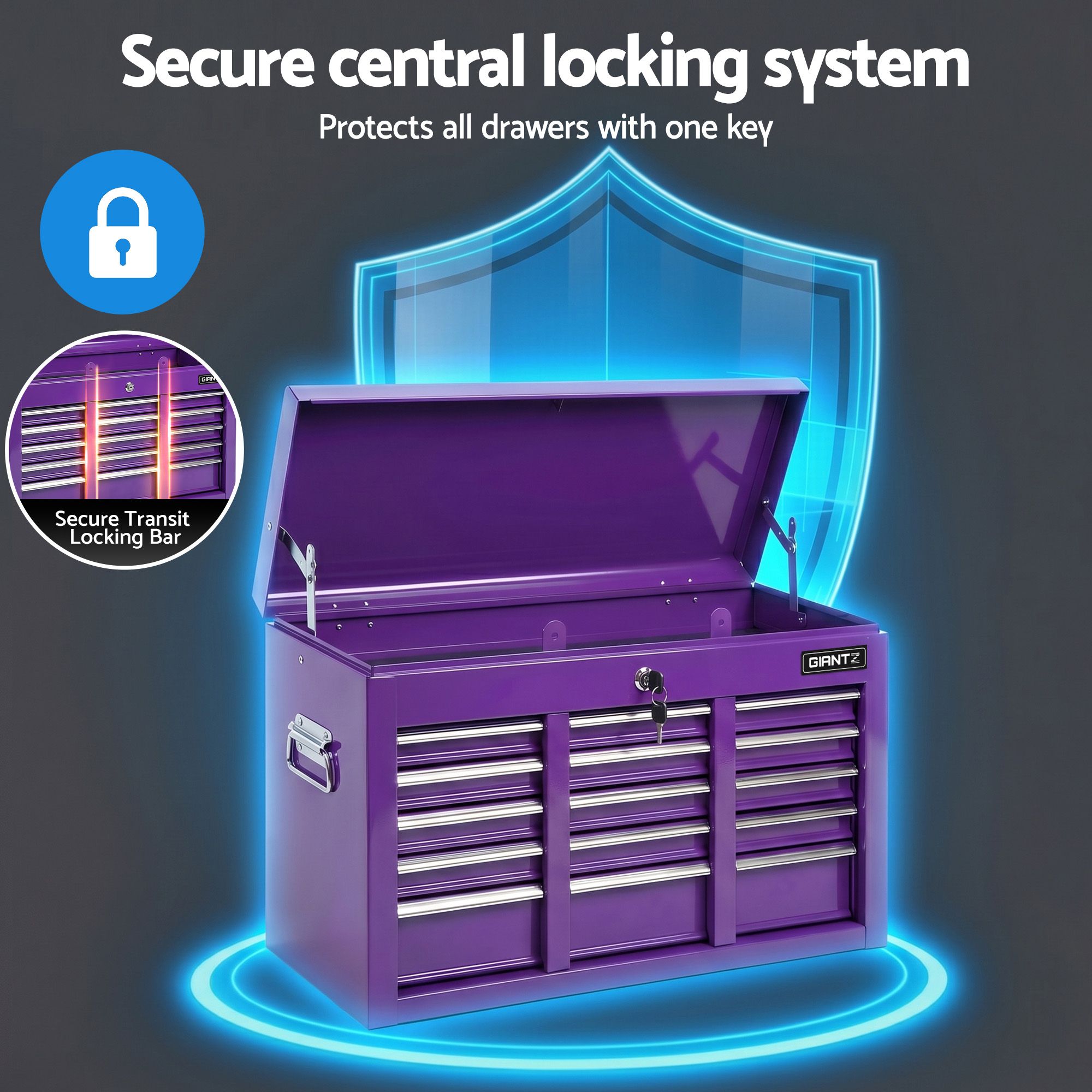 Giantz 9-Drawer Tool Cabinet Chest Toolbox Heavy Duty Garage Storage Organiser Purple TB-9DR-CHEST-PUR