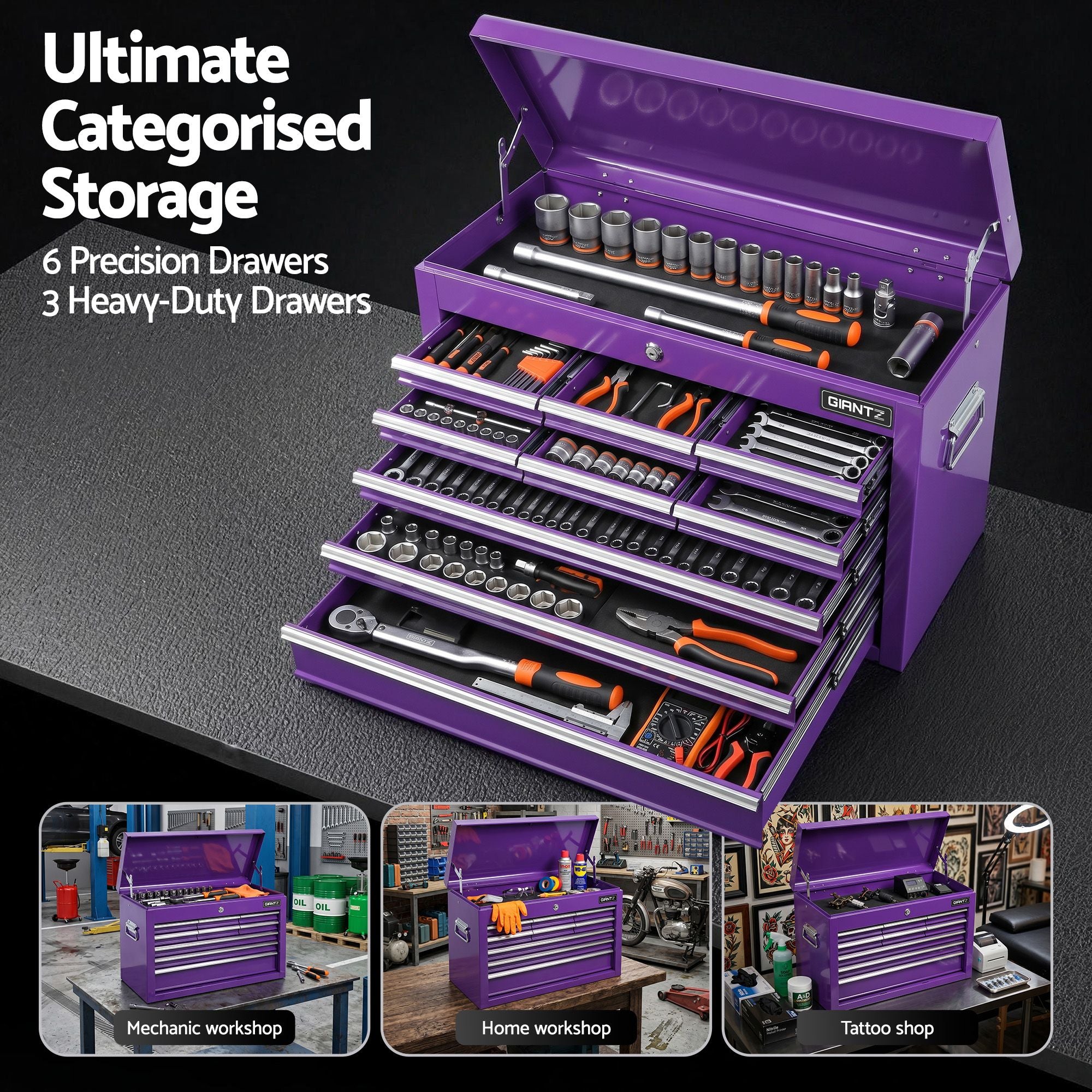 Giantz 9-Drawer Tool Cabinet Chest Toolbox Heavy Duty Garage Storage Organiser Purple TB-9DR-CHEST-PUR